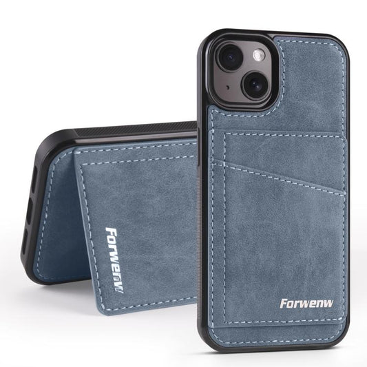 For iPhone 15 Plus Forwenw F8 Series 2 in 1 Magnetic Card Slot Leather Phone Case(Blue) - iPhone 15 Plus Cases by Forwenw | Online Shopping UK | buy2fix