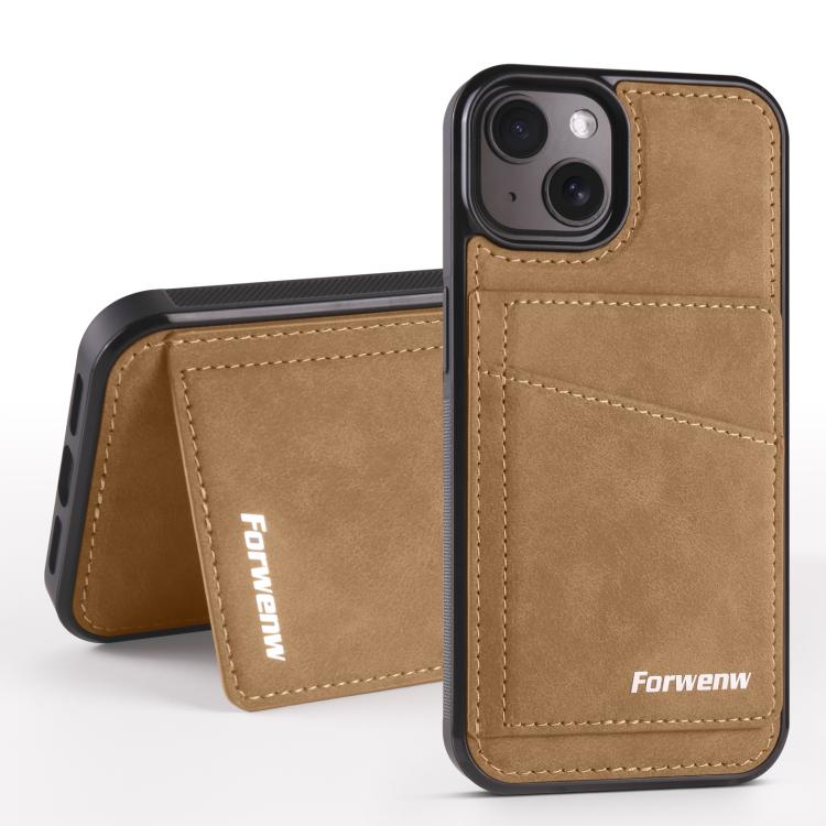 For iPhone 14 Forwenw F8 Series 2 in 1 Magnetic Card Slot Leather Phone Case(Brown) - iPhone 14 Cases by Forwenw | Online Shopping UK | buy2fix