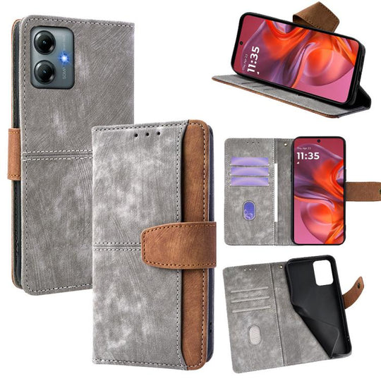 For Motorola Moto G Play 2025 Color Stitching Skin Feel Leather RFID Blocking Phone Case(Grey)