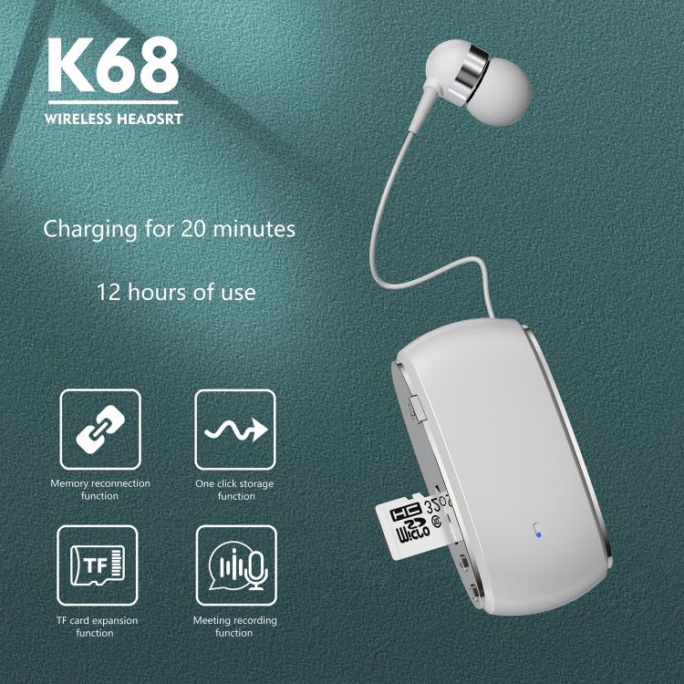 K68 Card Business Collar Clip Type Single Ear Bluetooth Earphones(White) - Bluetooth Earphone by buy2fix | Online Shopping UK | buy2fix