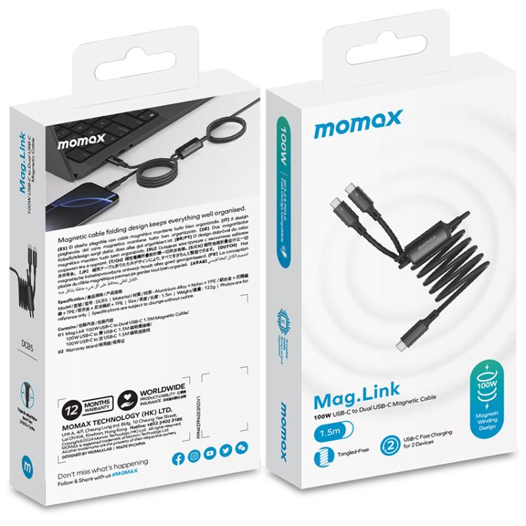 MOMAX DC85D Mag.Link 100W Type-C to Type-C 2 in 1 Magnetic Braided Data Cable, Length:1.5m(Black) - USB-C & Type-C Cable by MOMAX | Online Shopping UK | buy2fix