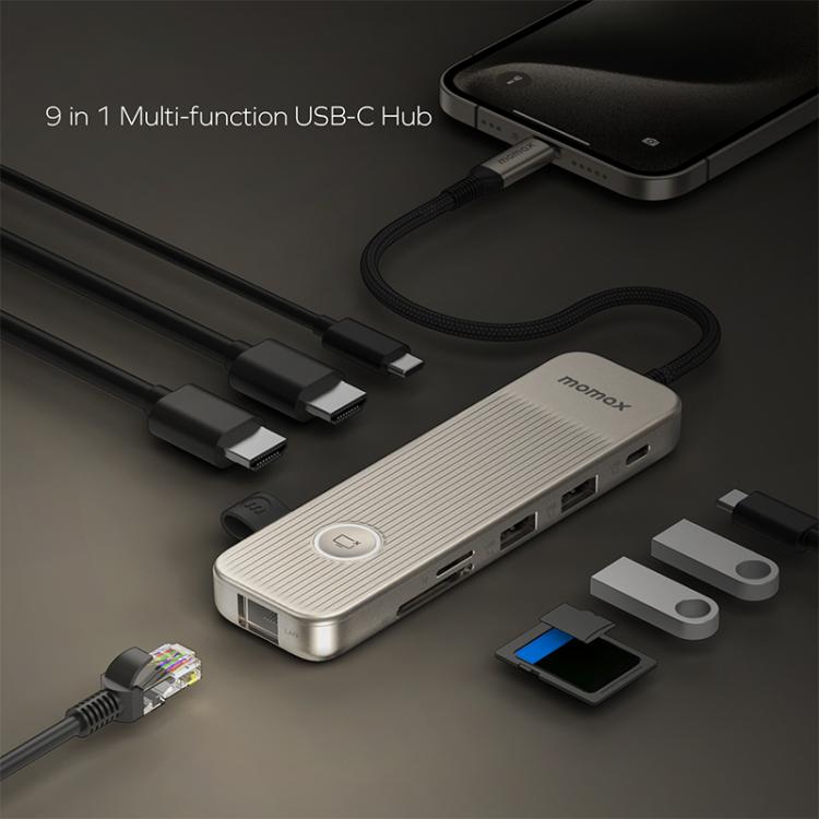 MOMAX DH19L 1-Link 9 in 1 Type-C Multifunctional HUB Adapter Docking Station(Titanium Gold) - USB HUB by MOMAX | Online Shopping UK | buy2fix