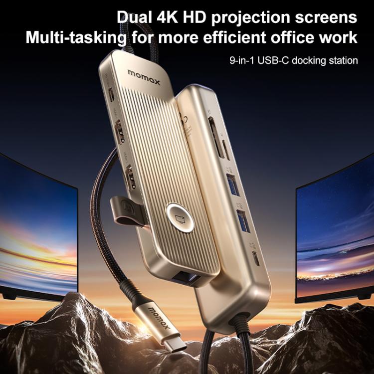 MOMAX DH19L 1-Link 9 in 1 Type-C Multifunctional HUB Adapter Docking Station(Titanium Gold) - USB HUB by MOMAX | Online Shopping UK | buy2fix