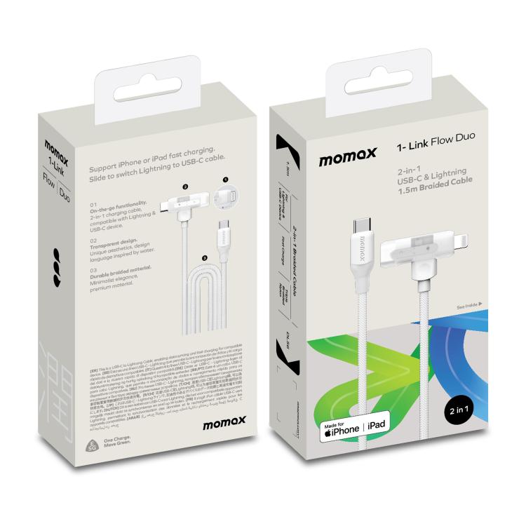 MOMAX DL56 1-Link Flow 60W Type-C to Type-C and 8 Pin Fast Charging Cable, Length:1.5m(White) - 2 in 1 Cable by MOMAX | Online Shopping UK | buy2fix