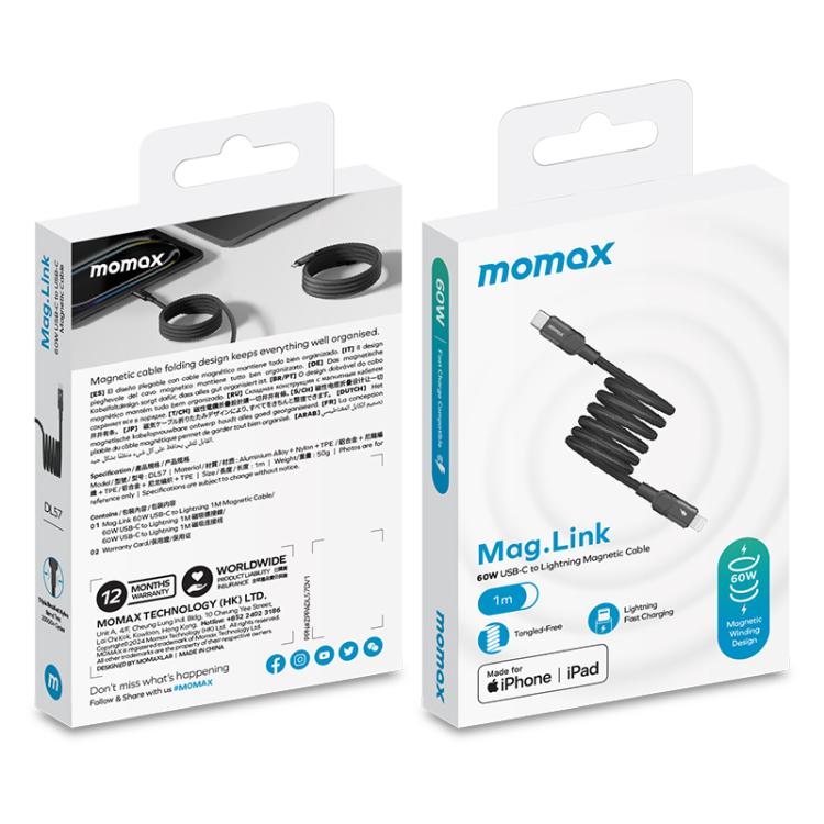MOMAX DL57D Mag.Link 60W Type-C to 8 Pin Magnetic Braided Fast Charging Data Cable, Length:1m(Black) - 2 in 1 Cable by MOMAX | Online Shopping UK | buy2fix