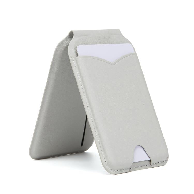 Hinge Mirror Phone Holder Leather Card Bag(Light Grey) - Adhesive Card Holders by buy2fix | Online Shopping UK | buy2fix