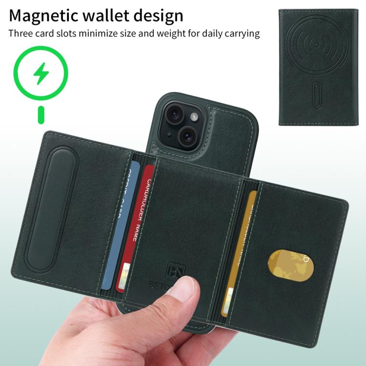 For iPhone 15 BETOPNICE Horizontal Flip Detachable MagSafe Wallet Phone Case(Green) - iPhone 15 Cases by BETOPNICE | Online Shopping UK | buy2fix