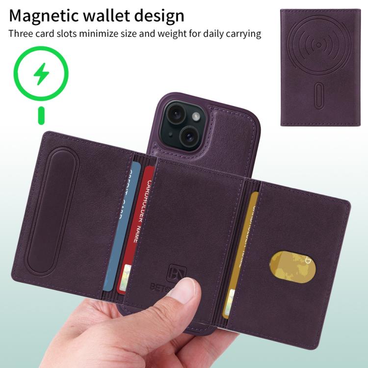 For iPhone 15 BETOPNICE Horizontal Flip Detachable MagSafe Wallet Phone Case(Purple) - iPhone 15 Cases by BETOPNICE | Online Shopping UK | buy2fix