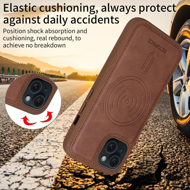For iPhone 15 BETOPNICE Horizontal Flip Detachable MagSafe Wallet Phone Case(Brown) - iPhone 15 Cases by BETOPNICE | Online Shopping UK | buy2fix