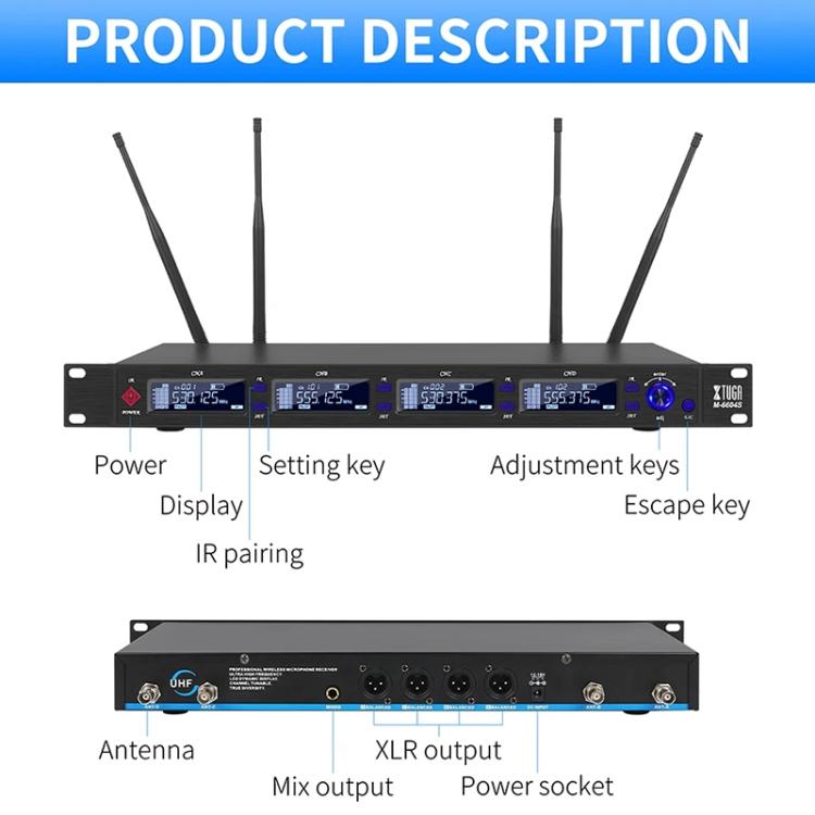 XTUGA M6604S-H Diversity Wireless Microphone System 4 Channel UHF Handheld Microphone - Microphone by XTUGA | Online Shopping UK | buy2fix