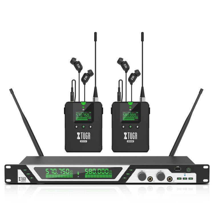 XTUGA SEM200 Wireless Stereo Stage Performance Professional In-ear Monitor System 2 BodyPacks + Transmitter - Microphone by XTUGA | Online Shopping UK | buy2fix
