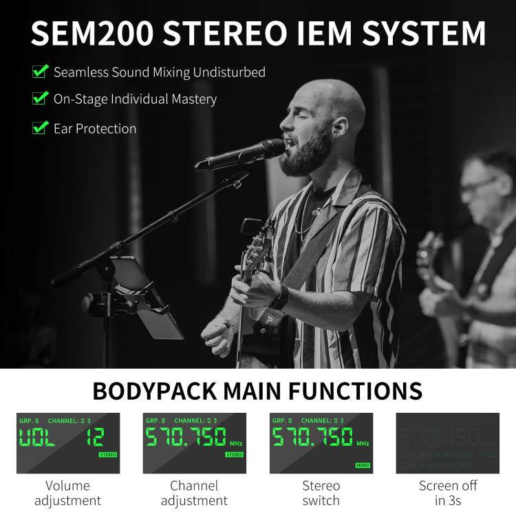 XTUGA SEM200 Wireless Stereo Stage Performance Professional In-ear Monitor System 4 BodyPacks + Transmitter - Microphone by XTUGA | Online Shopping UK | buy2fix