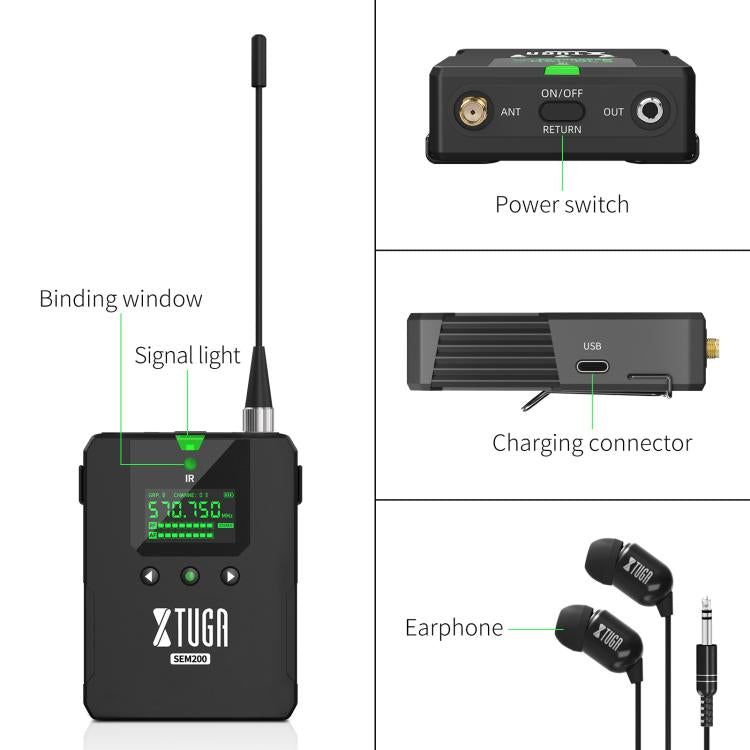 XTUGA SEM200 Wireless Stereo Stage Performance Professional In-ear Monitor System 2 BodyPacks + Transmitter - Microphone by XTUGA | Online Shopping UK | buy2fix