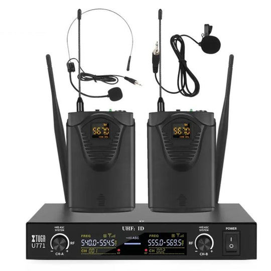 XTUGA U-771 UHF Lapel Two Way Radio Wireless Microphone, 2 BodyPacks + Host
