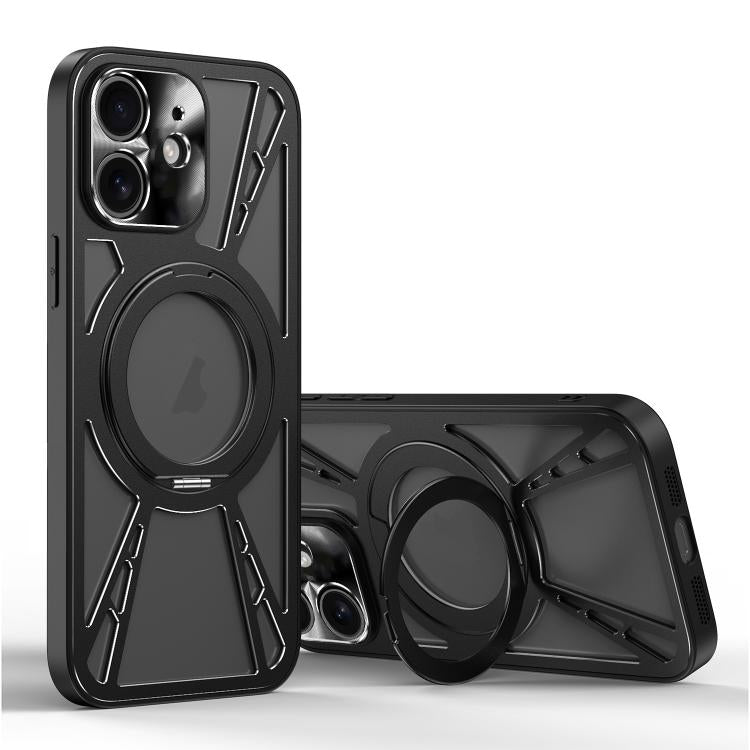 For iPhone 12 Cooling Hollow Metal Holder MagSafe Phone Case(Black) - iPhone 12 / 12 Pro Cases by buy2fix | Online Shopping UK | buy2fix