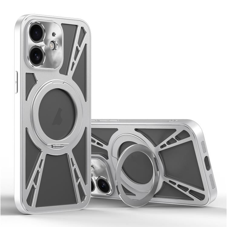 For iPhone 12 Cooling Hollow Metal Holder MagSafe Phone Case(Silver) - iPhone 12 / 12 Pro Cases by buy2fix | Online Shopping UK | buy2fix