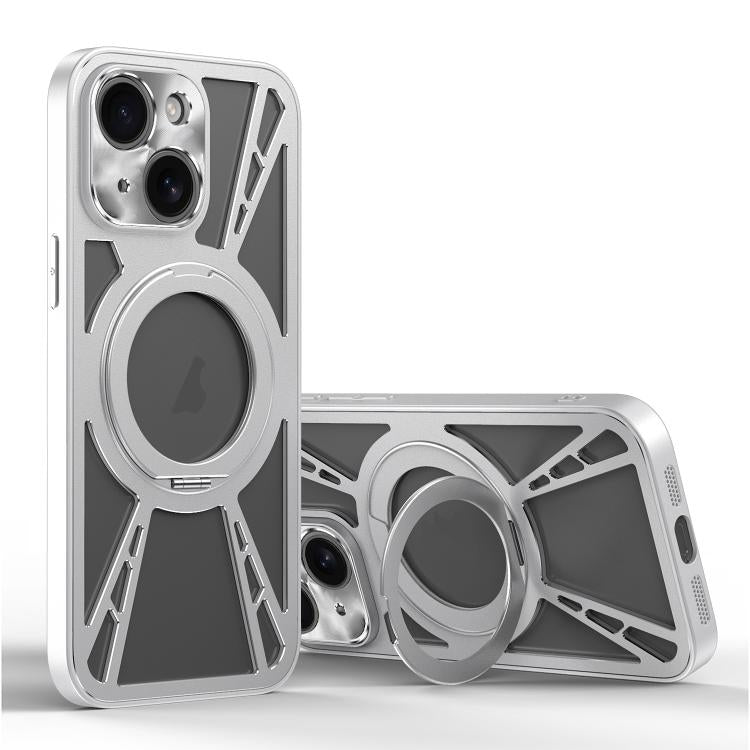 For iPhone 15 Cooling Hollow Metal Holder MagSafe Phone Case(Silver) - iPhone 15 Cases by buy2fix | Online Shopping UK | buy2fix