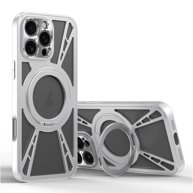 For iPhone 16 Pro Cooling Hollow Metal Holder MagSafe Phone Case(Silver) - iPhone 16 Pro Cases by buy2fix | Online Shopping UK | buy2fix