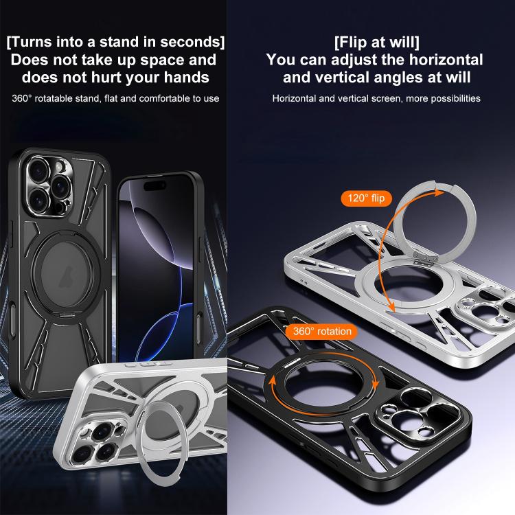 For iPhone 16 Cooling Hollow Metal Holder MagSafe Phone Case(Silver) - iPhone 16 Cases by buy2fix | Online Shopping UK | buy2fix
