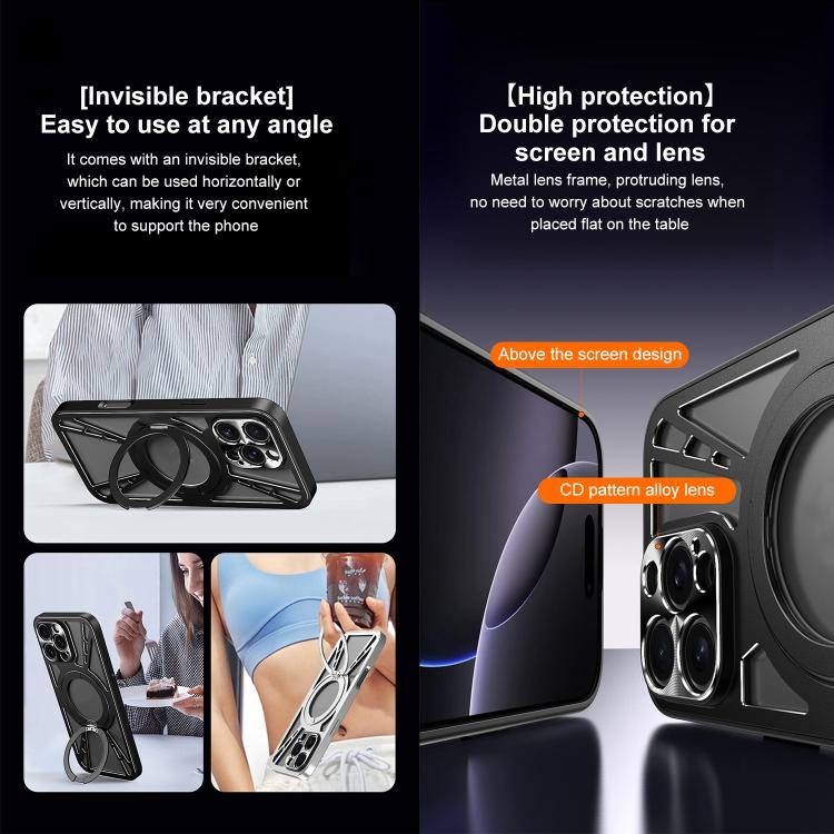 For iPhone 15 Pro Max Cooling Hollow Metal Holder MagSafe Phone Case(Black) - iPhone 15 Pro Max Cases by buy2fix | Online Shopping UK | buy2fix