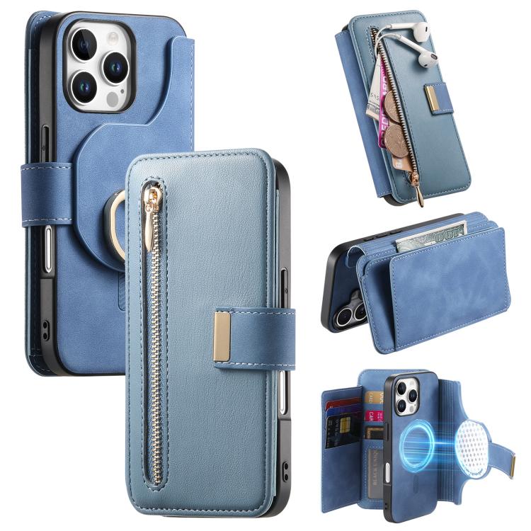 For iPhone 16 Pro Max Ring Zipper Wallet RFID Blocking MagSafe Leather Phone Case(Blue) - iPhone 16 Pro Max Cases by buy2fix | Online Shopping UK | buy2fix