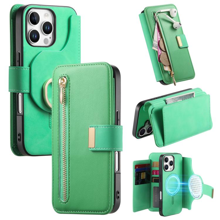 For iPhone 16 Pro Ring Zipper Wallet RFID Blocking MagSafe Leather Phone Case(Green) - iPhone 16 Pro Cases by buy2fix | Online Shopping UK | buy2fix