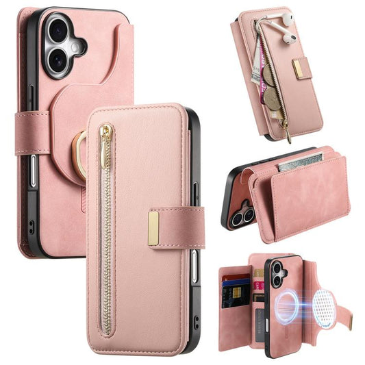 For iPhone 16 Plus Ring Zipper Wallet RFID Blocking MagSafe Leather Phone Case(Pink) - iPhone 16 Plus Cases by buy2fix | Online Shopping UK | buy2fix