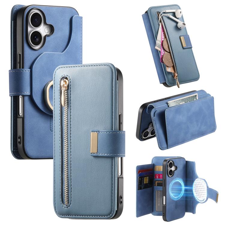 For iPhone 16 Plus Ring Zipper Wallet RFID Blocking MagSafe Leather Phone Case(Blue) - iPhone 16 Plus Cases by buy2fix | Online Shopping UK | buy2fix