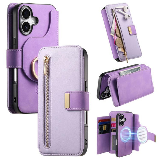 For iPhone 16 Plus Ring Zipper Wallet RFID Blocking MagSafe Leather Phone Case(Purple) - iPhone 16 Plus Cases by buy2fix | Online Shopping UK | buy2fix