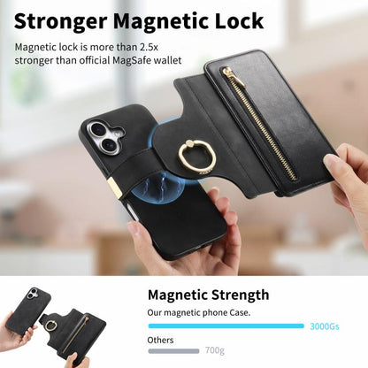 For iPhone 16 Plus Ring Zipper Wallet RFID Blocking MagSafe Leather Phone Case(Black) - iPhone 16 Plus Cases by buy2fix | Online Shopping UK | buy2fix