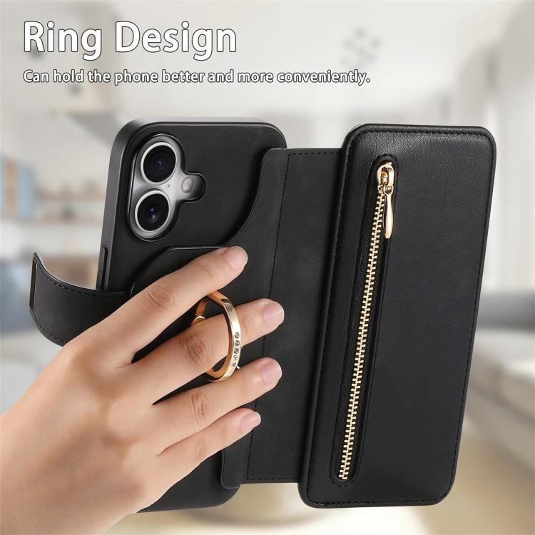 For iPhone 16 Plus Ring Zipper Wallet RFID Blocking MagSafe Leather Phone Case(Black) - iPhone 16 Plus Cases by buy2fix | Online Shopping UK | buy2fix