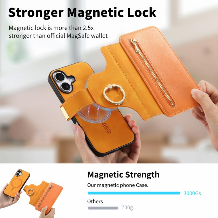 For iPhone 16 Plus Ring Zipper Wallet RFID Blocking MagSafe Leather Phone Case(Orange) - iPhone 16 Plus Cases by buy2fix | Online Shopping UK | buy2fix
