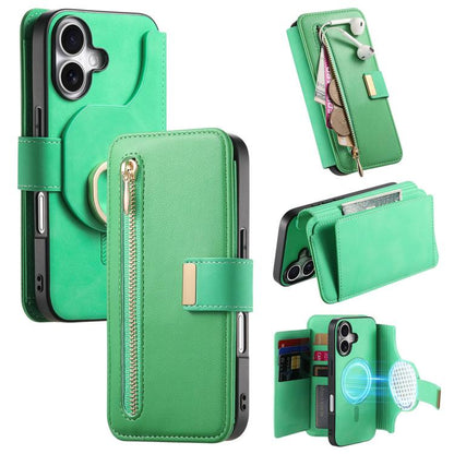 For iPhone 16 Plus Ring Zipper Wallet RFID Blocking MagSafe Leather Phone Case(Green) - iPhone 16 Plus Cases by buy2fix | Online Shopping UK | buy2fix
