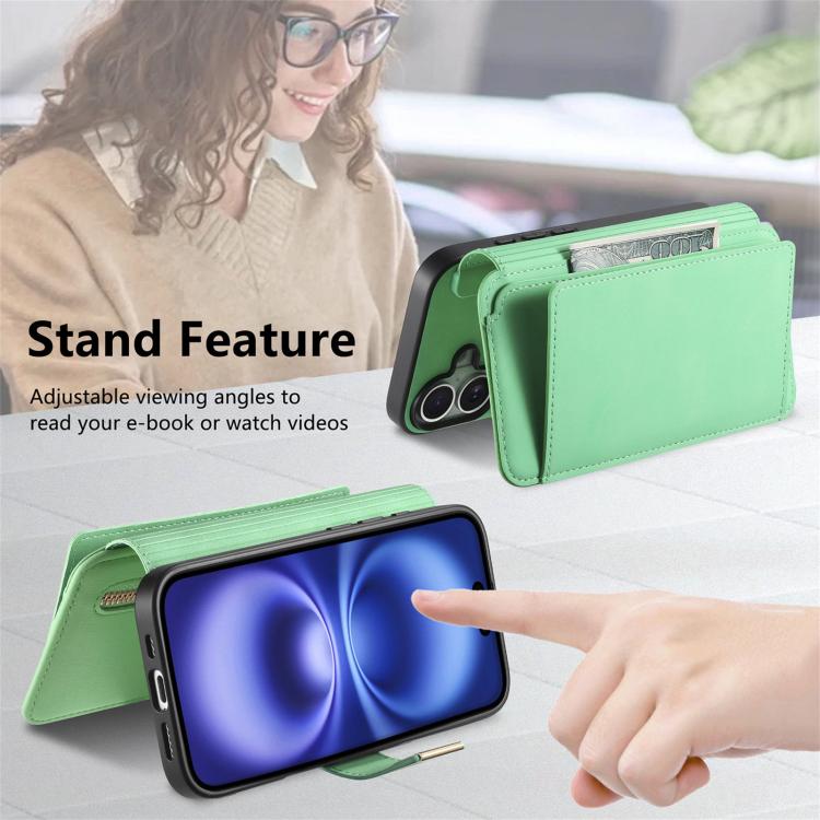 For iPhone 16 Plus Ring Zipper Wallet RFID Blocking MagSafe Leather Phone Case(Green) - iPhone 16 Plus Cases by buy2fix | Online Shopping UK | buy2fix