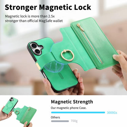 For iPhone 16 Plus Ring Zipper Wallet RFID Blocking MagSafe Leather Phone Case(Green) - iPhone 16 Plus Cases by buy2fix | Online Shopping UK | buy2fix
