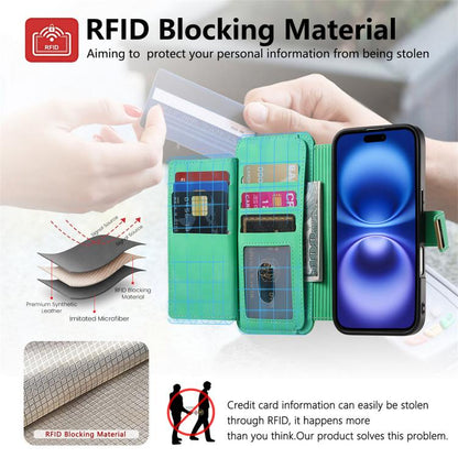 For iPhone 16 Plus Ring Zipper Wallet RFID Blocking MagSafe Leather Phone Case(Green) - iPhone 16 Plus Cases by buy2fix | Online Shopping UK | buy2fix