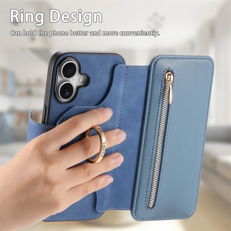 For iPhone 16 Ring Zipper Wallet RFID Blocking MagSafe Leather Phone Case(Blue) - iPhone 16 Cases by buy2fix | Online Shopping UK | buy2fix