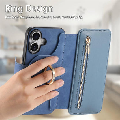 For iPhone 16 Ring Zipper Wallet RFID Blocking MagSafe Leather Phone Case(Blue) - iPhone 16 Cases by buy2fix | Online Shopping UK | buy2fix