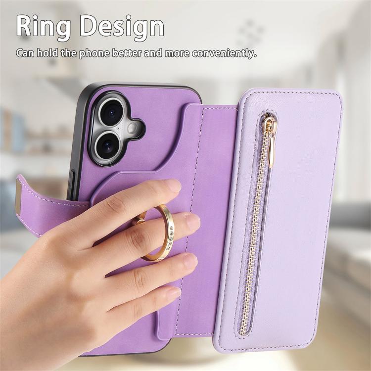 For iPhone 16 Ring Zipper Wallet RFID Blocking MagSafe Leather Phone Case(Purple) - iPhone 16 Cases by buy2fix | Online Shopping UK | buy2fix