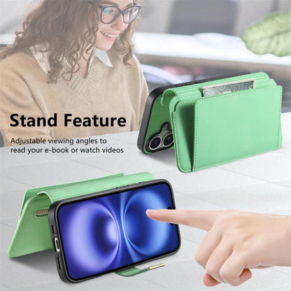 For iPhone 16 Ring Zipper Wallet RFID Blocking MagSafe Leather Phone Case(Green) - iPhone 16 Cases by buy2fix | Online Shopping UK | buy2fix