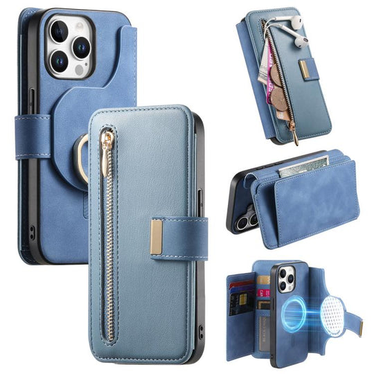 For iPhone 15 Pro Ring Zipper Wallet RFID Blocking MagSafe Leather Phone Case(Blue)