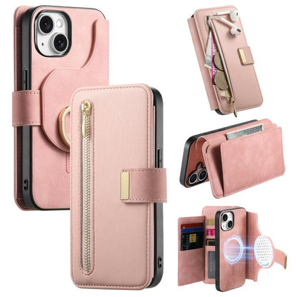 For iPhone 15 Plus Ring Zipper Wallet RFID Blocking MagSafe Leather Phone Case(Pink) - iPhone 15 Plus Cases by buy2fix | Online Shopping UK | buy2fix