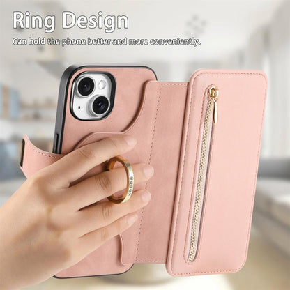 For iPhone 15 Plus Ring Zipper Wallet RFID Blocking MagSafe Leather Phone Case(Pink) - iPhone 15 Plus Cases by buy2fix | Online Shopping UK | buy2fix