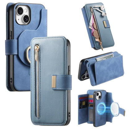 For iPhone 15 Plus Ring Zipper Wallet RFID Blocking MagSafe Leather Phone Case(Blue) - iPhone 15 Plus Cases by buy2fix | Online Shopping UK | buy2fix