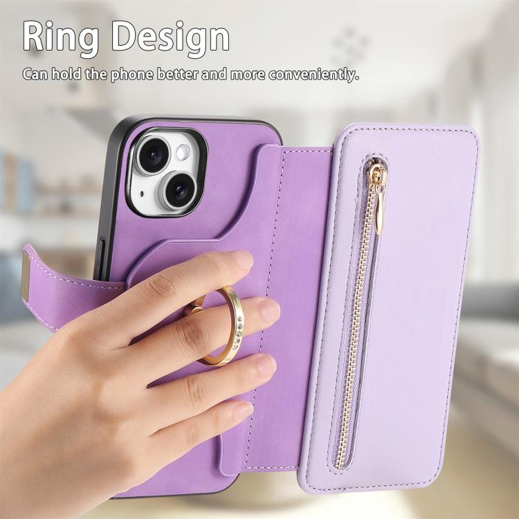 For iPhone 15 Plus Ring Zipper Wallet RFID Blocking MagSafe Leather Phone Case(Purple) - iPhone 15 Plus Cases by buy2fix | Online Shopping UK | buy2fix
