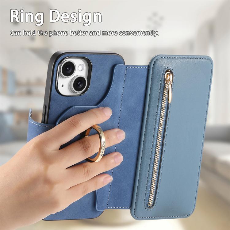For iPhone 15 Ring Zipper Wallet RFID Blocking MagSafe Leather Phone Case(Blue) - iPhone 15 Cases by buy2fix | Online Shopping UK | buy2fix