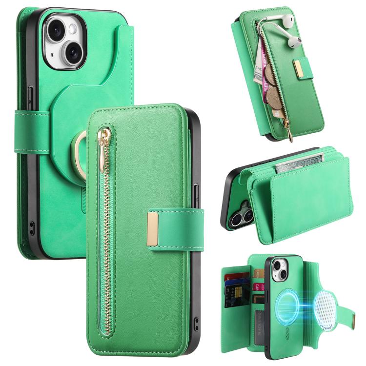 For iPhone 15 Ring Zipper Wallet RFID Blocking MagSafe Leather Phone Case(Green) - iPhone 15 Cases by buy2fix | Online Shopping UK | buy2fix