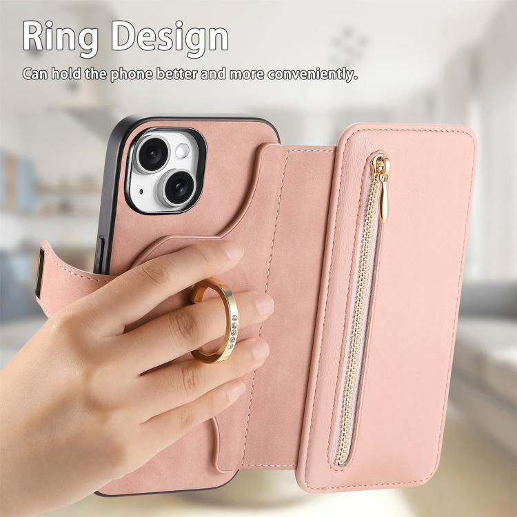 For iPhone 14 Plus Ring Zipper Wallet RFID Blocking MagSafe Leather Phone Case(Pink) - iPhone 14 Plus Cases by buy2fix | Online Shopping UK | buy2fix