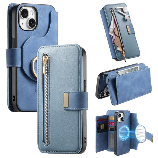 For iPhone 14 Plus Ring Zipper Wallet RFID Blocking MagSafe Leather Phone Case(Blue) - iPhone 14 Plus Cases by buy2fix | Online Shopping UK | buy2fix