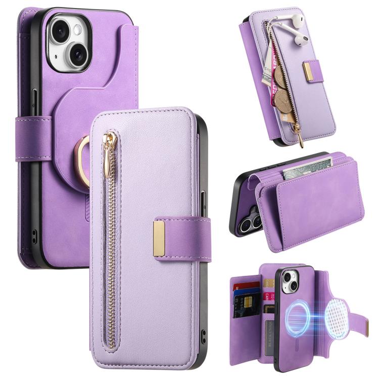 For iPhone 14 Plus Ring Zipper Wallet RFID Blocking MagSafe Leather Phone Case(Purple) - iPhone 14 Plus Cases by buy2fix | Online Shopping UK | buy2fix
